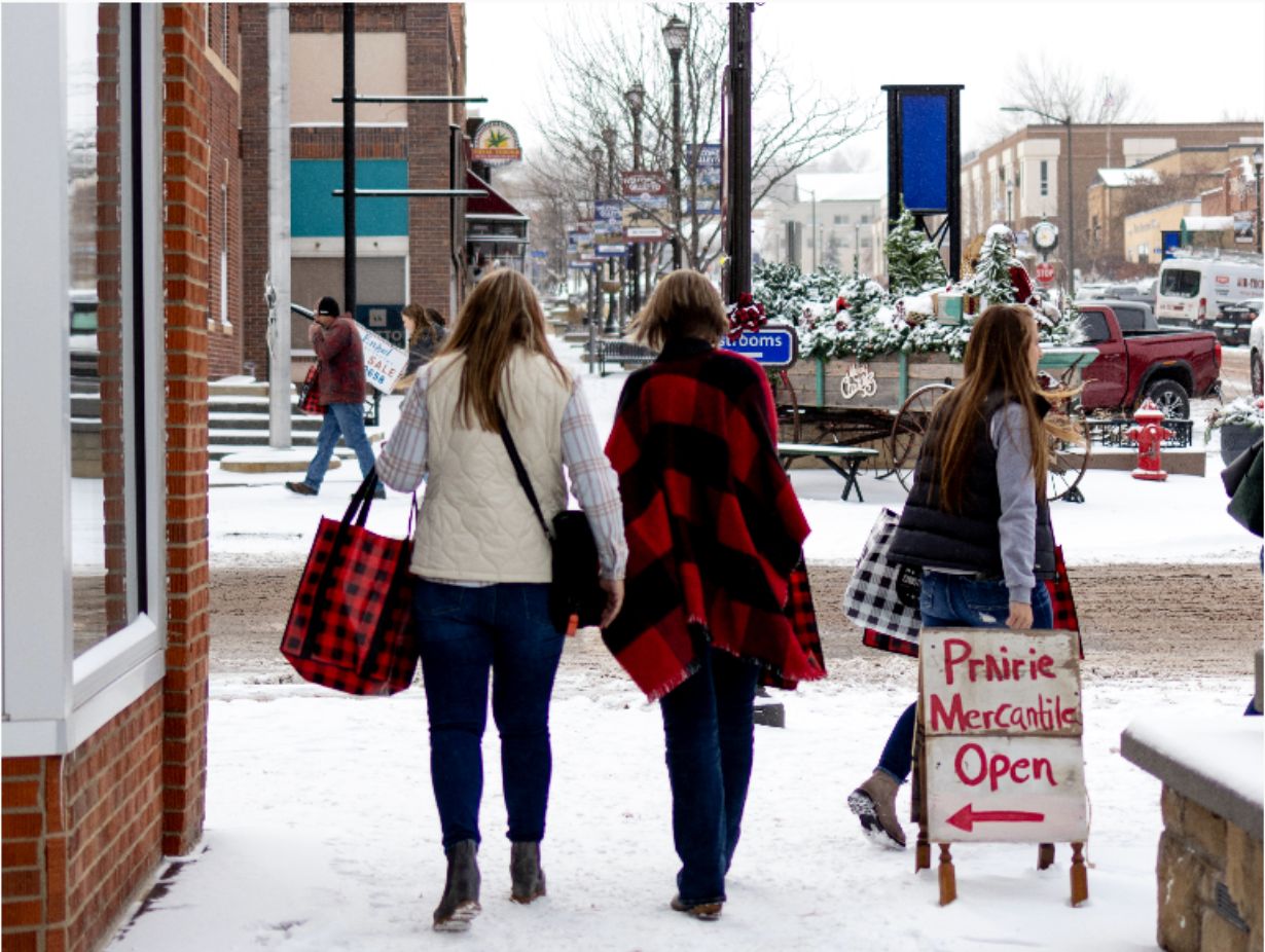 People with plaid clothing and plaid shopping bags walking down a snow-covered street during Plaid Friday.